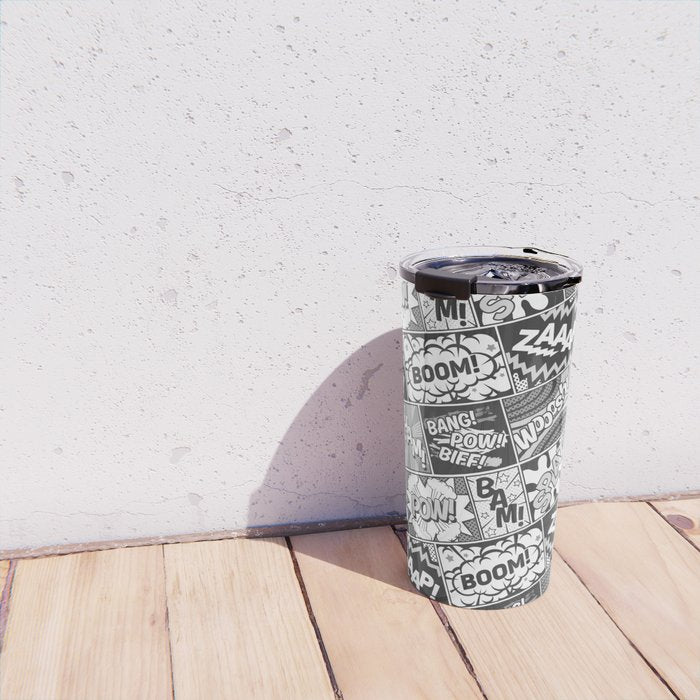 Black and White Modern Comic Book Superhero Pattern Color Colour Cartoon Lichtenstein Pop Art Travel Mug Gallery Image 4