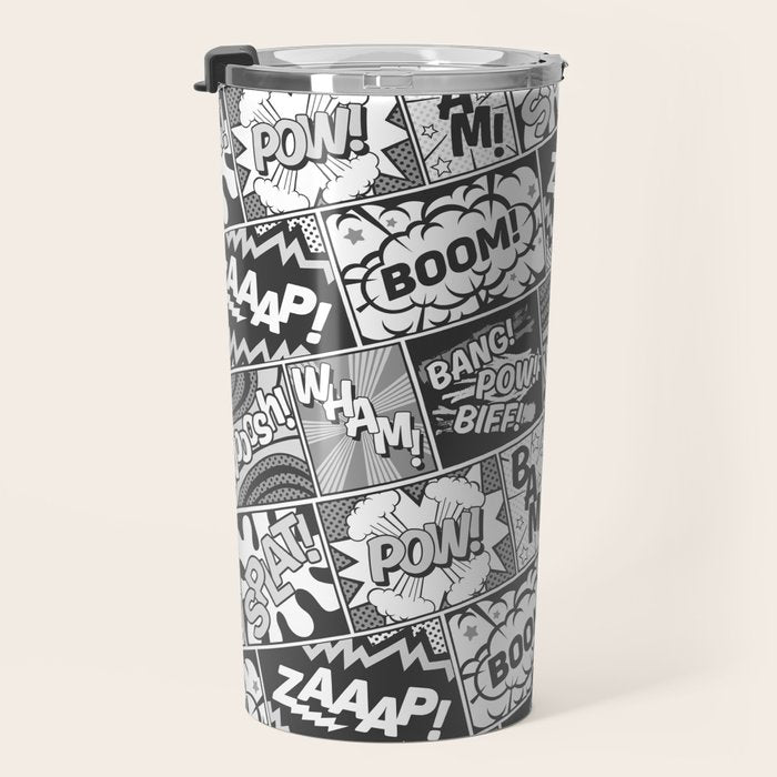 Black and White Modern Comic Book Superhero Pattern Color Colour Cartoon Lichtenstein Pop Art Travel Mug Gallery Image 3