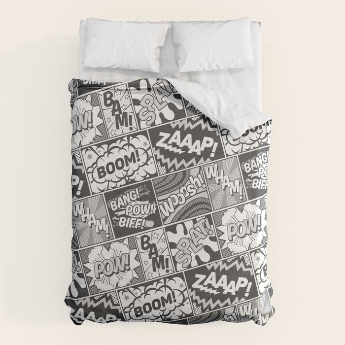 Black and White Modern Comic Book Superhero Pattern Color Colour Cartoon Lichtenstein Pop Art Duvet Cover Gallery Image 1