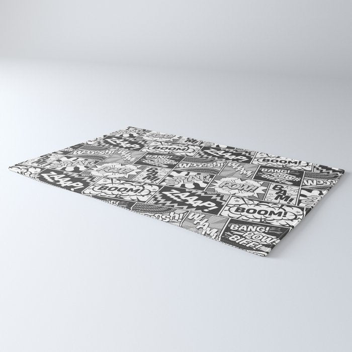 Black and White Modern Comic Book Superhero Pattern Color Colour Cartoon Lichtenstein Pop Art Rug Gallery Image 3