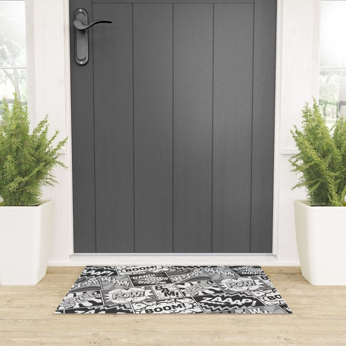 Black and White Modern Comic Book Superhero Pattern Color Colour Cartoon Lichtenstein Pop Art Welcome Mat Gallery Image 3