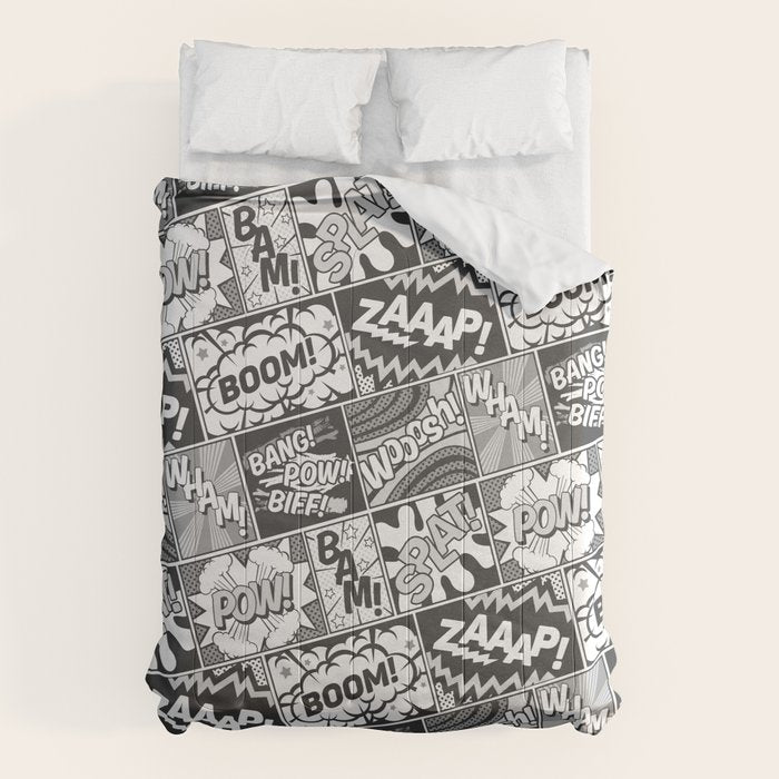Black and White Modern Comic Book Superhero Pattern Color Colour Cartoon Lichtenstein Pop Art Comforter Gallery Image 6