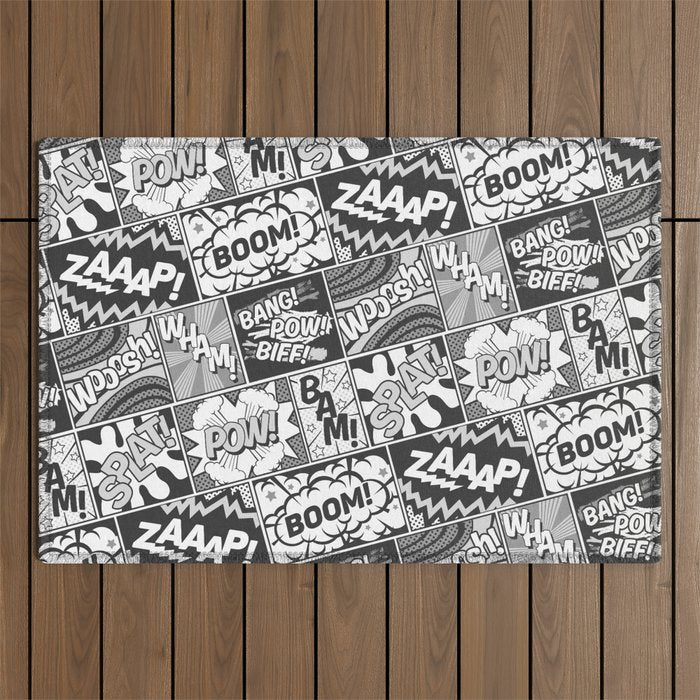 Black and White Modern Comic Book Superhero Pattern Color Colour Cartoon Lichtenstein Pop Art Outdoor Rug Gallery Image 1