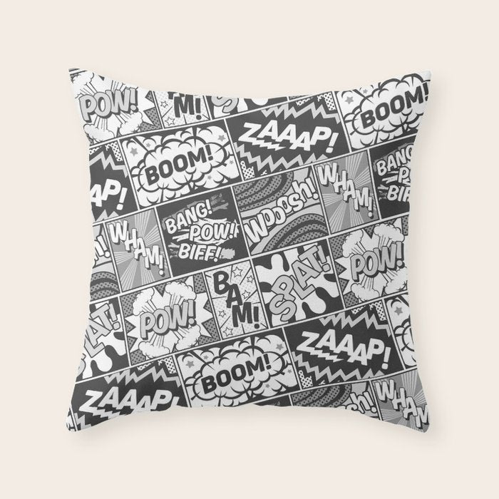 Black and White Modern Comic Book Superhero Pattern Color Colour Cartoon Lichtenstein Pop Art Throw Pillow