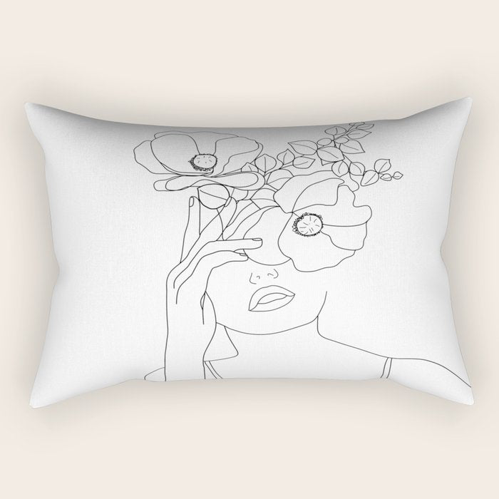 Minimal Line Art Woman with Flowers II Rectangular Pillow Gallery Image 2