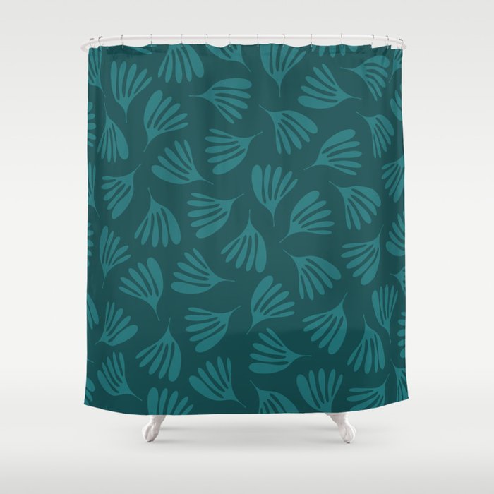 Green Teal Wispy Leaves Contemporary Abstract Botanical Pattern Shower Curtain Gallery Image 1