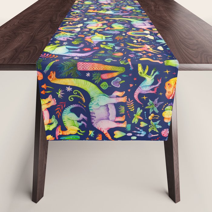 Rainbow color Cheerful Dinosaurus World - bluebg Table Runner Gallery Image 1