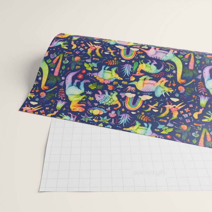 Rainbow color Cheerful Dinosaurus World - bluebg Wrapping Paper Gallery Image 2