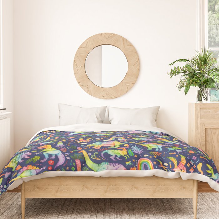 Rainbow color Cheerful Dinosaurus World - bluebg Duvet Cover Gallery Image 3