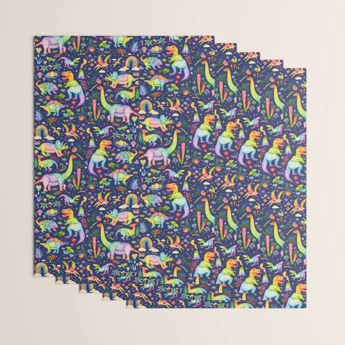 Rainbow color Cheerful Dinosaurus World - bluebg Wrapping Paper Gallery Image 3