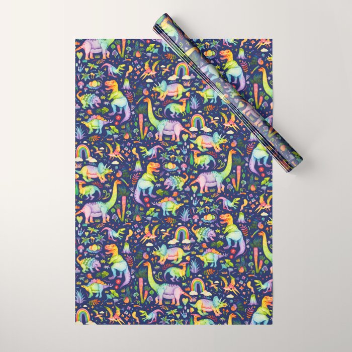 Rainbow color Cheerful Dinosaurus World - bluebg Wrapping Paper Gallery Image 1
