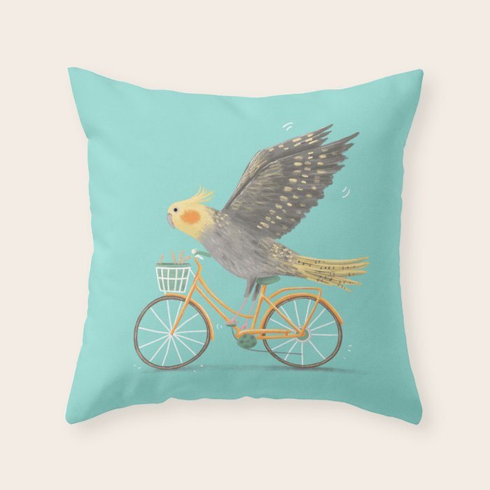 Cockatiel on a Bicycle Throw Pillow Gallery Image 1