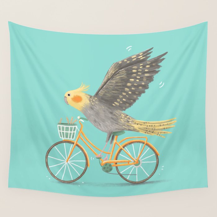Cockatiel on a Bicycle Wall Tapestry Gallery Image 4