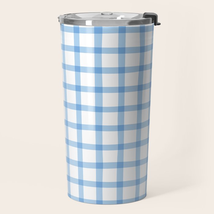 Blue geometric plaid gingham pattern Travel Mug Gallery Image 2