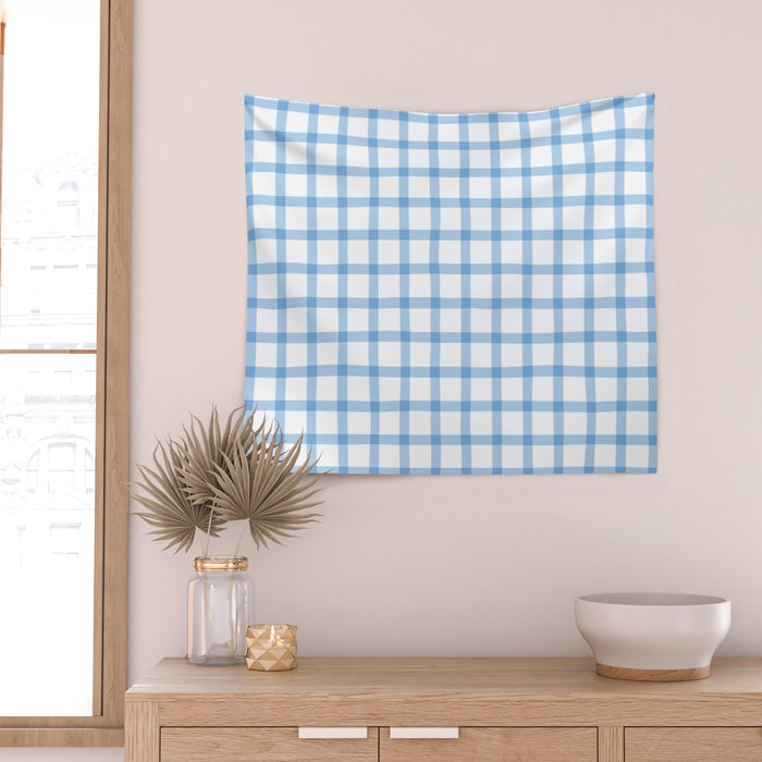 Blue geometric plaid gingham pattern Wall Tapestry Gallery Image 2