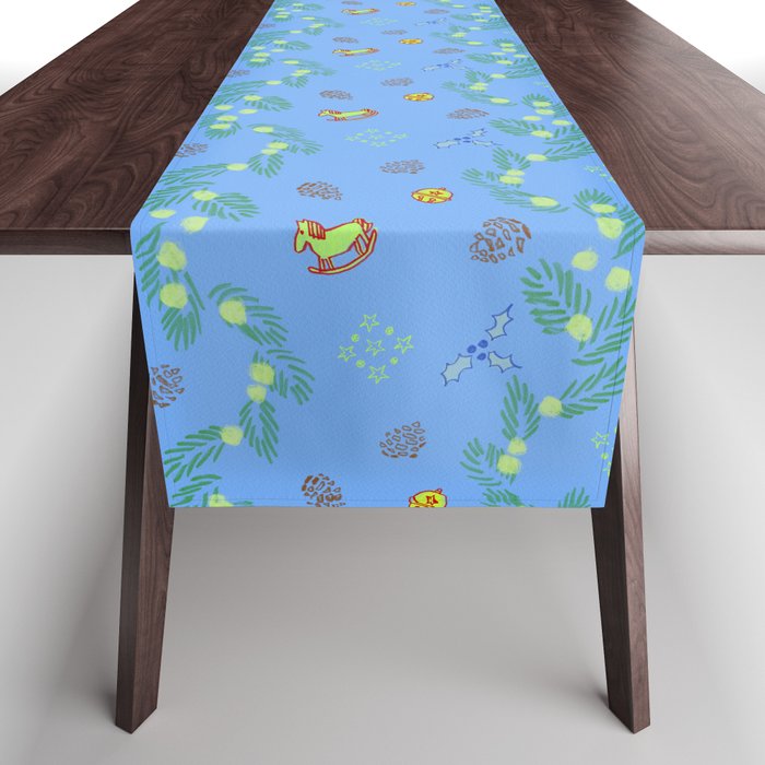 Whimsical Tiny Toys & Pine Branches in Blue Table Runner Gallery Image 1