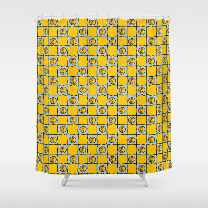 Yellow Ying Yang Checkered Print Shower Curtain Gallery Image 1