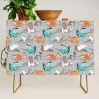 Origami dragon friends // grey linen texture background aqua orange grey and taupe fantastic creatures Credenza Gallery Image 1