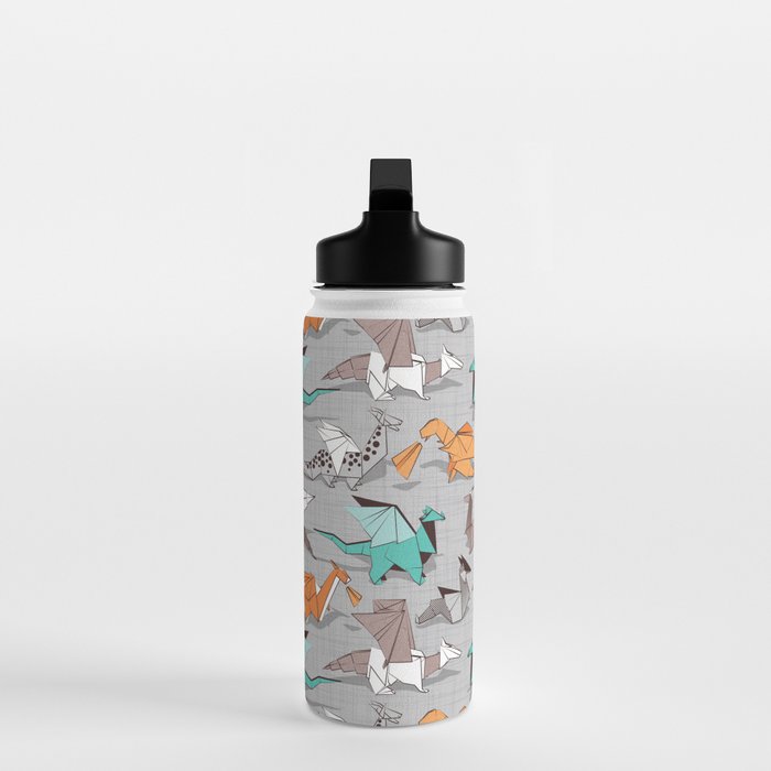 Origami dragon friends // grey linen texture background aqua orange grey and taupe fantastic creatures Water Bottle Gallery Image 3