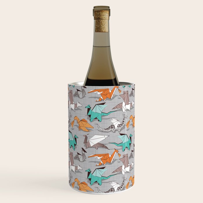Origami dragon friends // grey linen texture background aqua orange grey and taupe fantastic creatures Wine Chiller Gallery Image 1