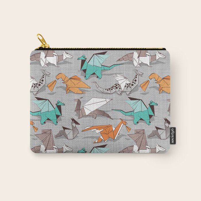 Origami dragon friends // grey linen texture background aqua orange grey and taupe fantastic creatures Carry All Pouch Gallery Image 1