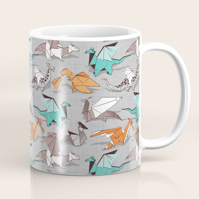 Origami dragon friends // grey linen texture background aqua orange grey and taupe fantastic creatures Coffee Mug Gallery Image 1
