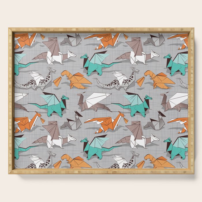 Origami dragon friends // grey linen texture background aqua orange grey and taupe fantastic creatures Serving Tray Gallery Image 1