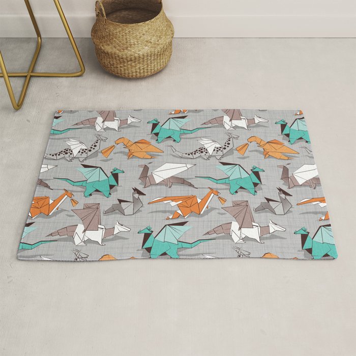 Origami dragon friends // grey linen texture background aqua orange grey and taupe fantastic creatures Rug Gallery Image 1