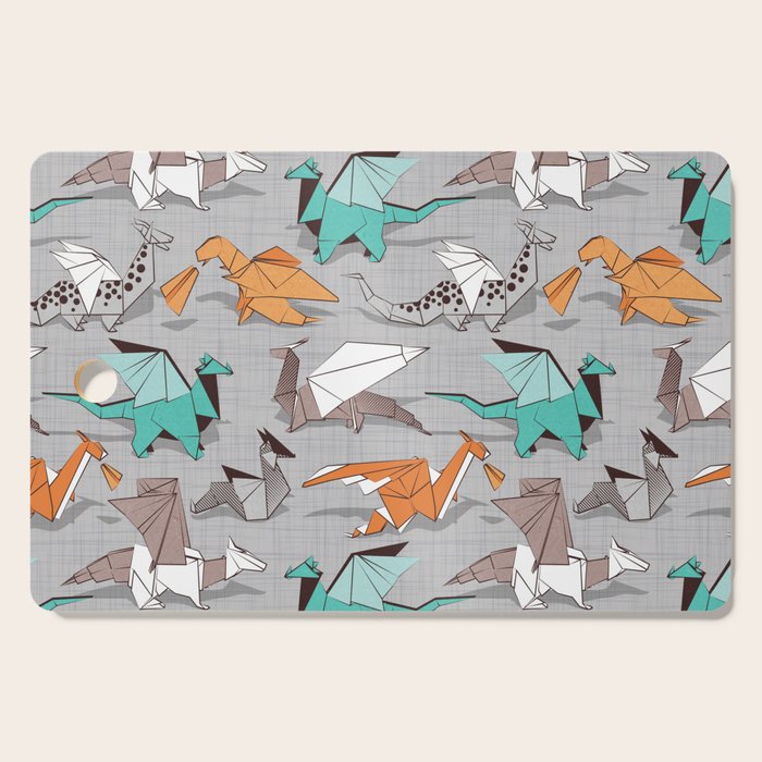 Origami dragon friends // grey linen texture background aqua orange grey and taupe fantastic creatures Cutting Board Gallery Image 1