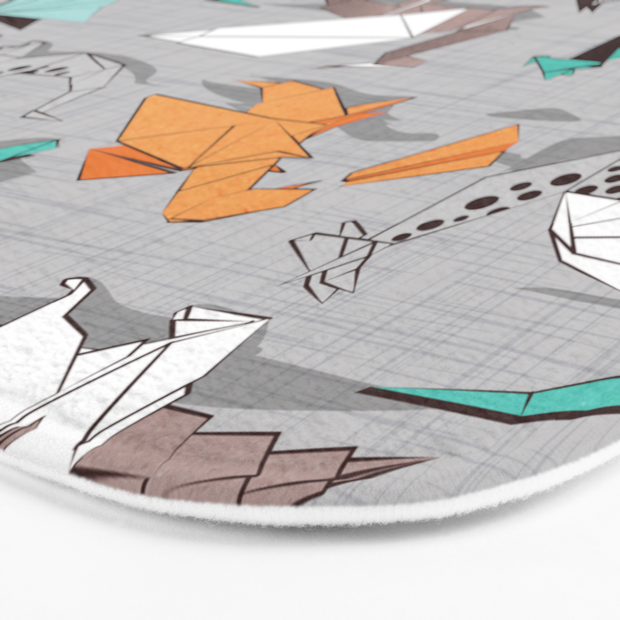 Origami dragon friends // grey linen texture background aqua orange grey and taupe fantastic creatures Bath Mat Gallery Image 3