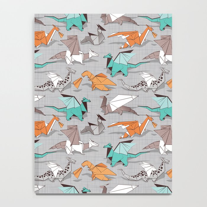 Origami dragon friends // grey linen texture background aqua orange grey and taupe fantastic creatures Notebook Gallery Image 4