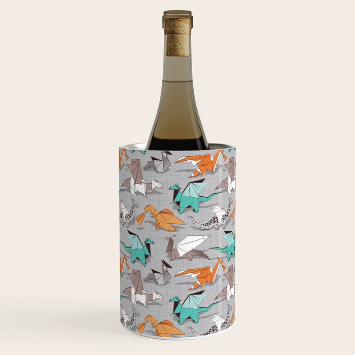 Origami dragon friends // grey linen texture background aqua orange grey and taupe fantastic creatures Wine Chiller Gallery Image 3