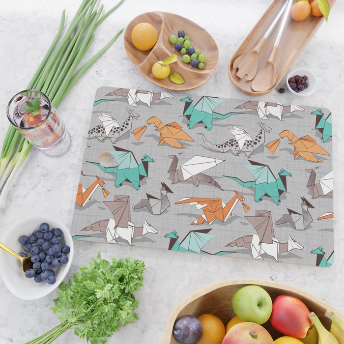 Origami dragon friends // grey linen texture background aqua orange grey and taupe fantastic creatures Cutting Board Gallery Image 2