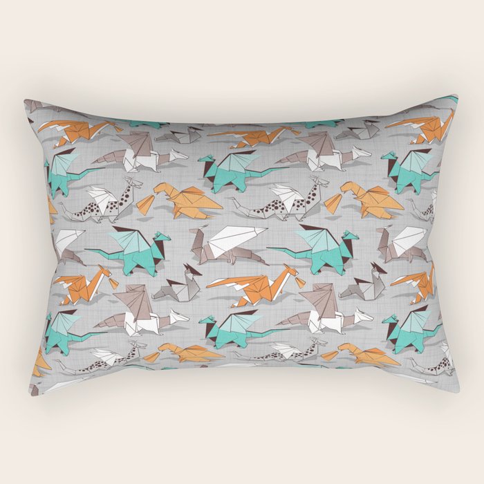 Origami dragon friends // grey linen texture background aqua orange grey and taupe fantastic creatures Rectangular Pillow Gallery Image 2