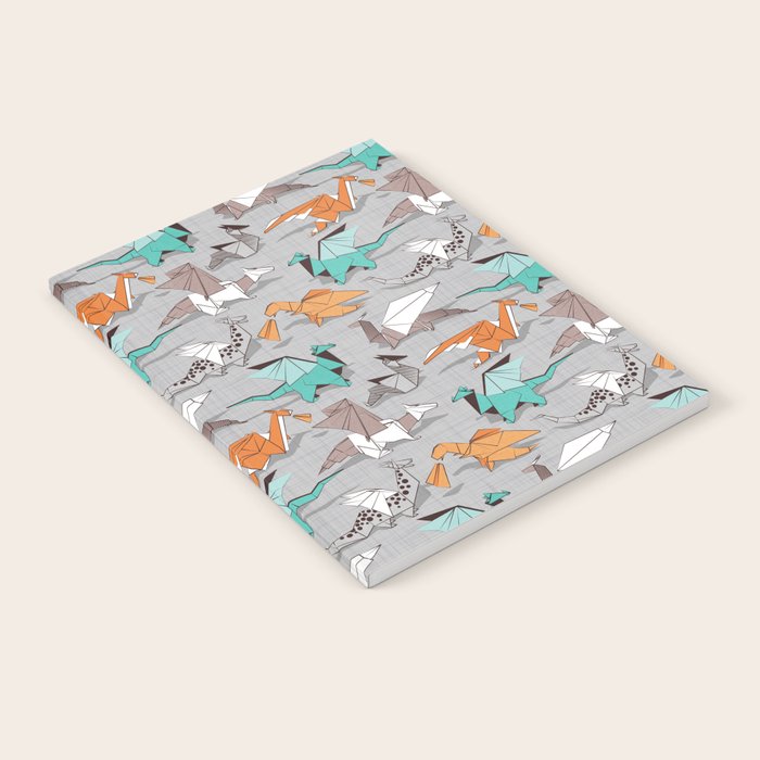 Origami dragon friends // grey linen texture background aqua orange grey and taupe fantastic creatures Notebook Gallery Image 2