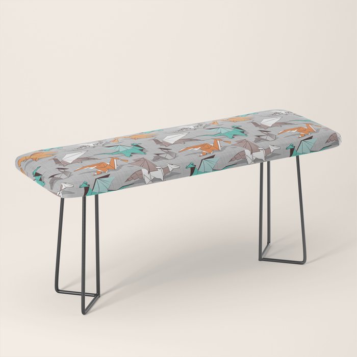 Origami dragon friends // grey linen texture background aqua orange grey and taupe fantastic creatures Bench Gallery Image 1