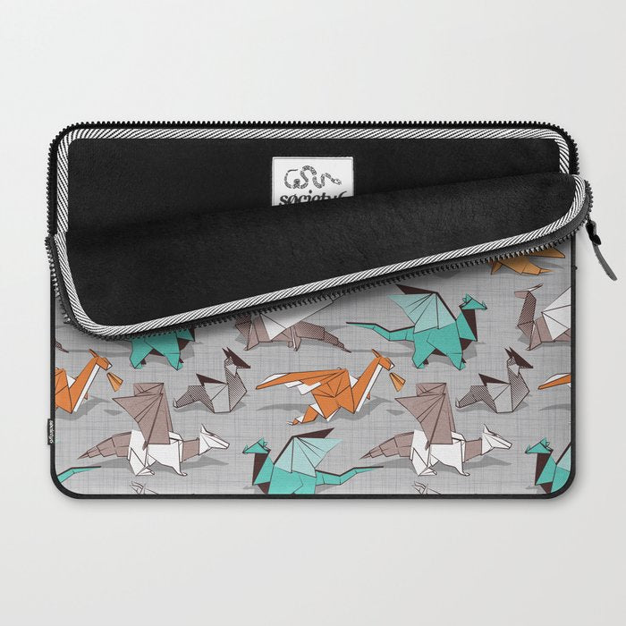 Origami dragon friends // grey linen texture background aqua orange grey and taupe fantastic creatures Laptop Sleeve Gallery Image 2