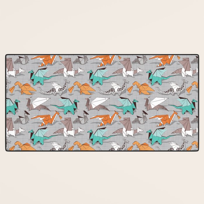 Origami dragon friends // grey linen texture background aqua orange grey and taupe fantastic creatures Desk Mat Gallery Image 3