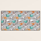 Origami dragon friends // grey linen texture background aqua orange grey and taupe fantastic creatures Desk Mat Gallery Image 3