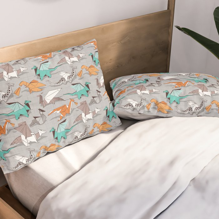 Origami dragon friends // grey linen texture background aqua orange grey and taupe fantastic creatures Pillow Sham Gallery Image 2