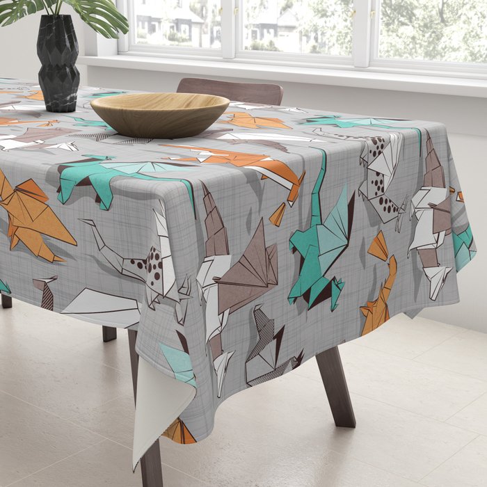 Origami dragon friends // grey linen texture background aqua orange grey and taupe fantastic creatures Tablecloth Gallery Image 3