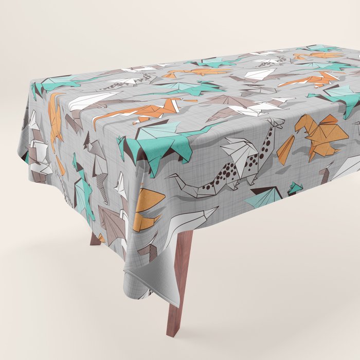 Origami dragon friends // grey linen texture background aqua orange grey and taupe fantastic creatures Tablecloth Gallery Image 1