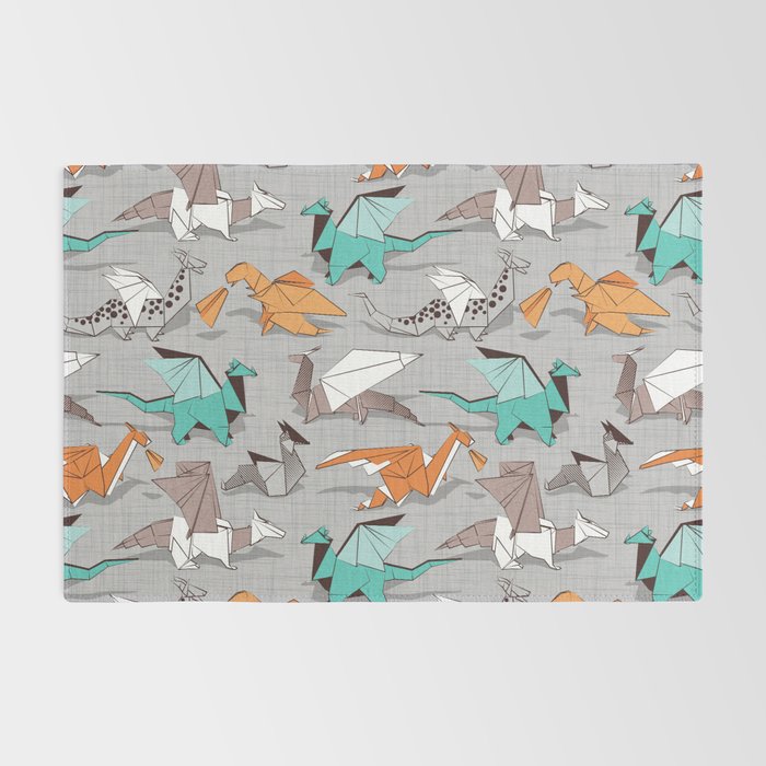 Origami dragon friends // grey linen texture background aqua orange grey and taupe fantastic creatures Rug Gallery Image 2