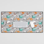 Origami dragon friends // grey linen texture background aqua orange grey and taupe fantastic creatures Desk Mat Gallery Image 1