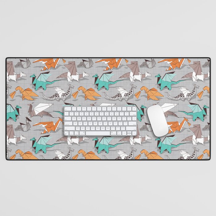 Origami dragon friends // grey linen texture background aqua orange grey and taupe fantastic creatures Desk Mat Gallery Image 1