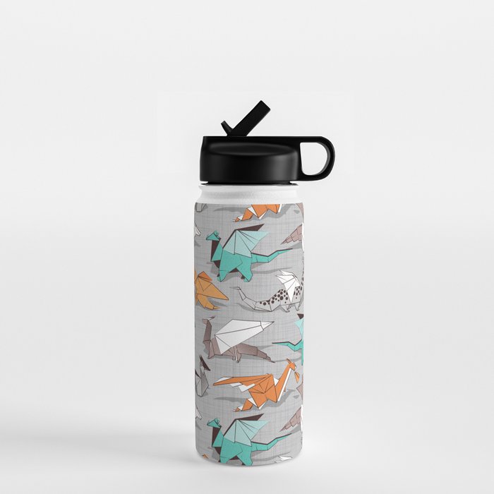 Origami dragon friends // grey linen texture background aqua orange grey and taupe fantastic creatures Water Bottle Gallery Image 1
