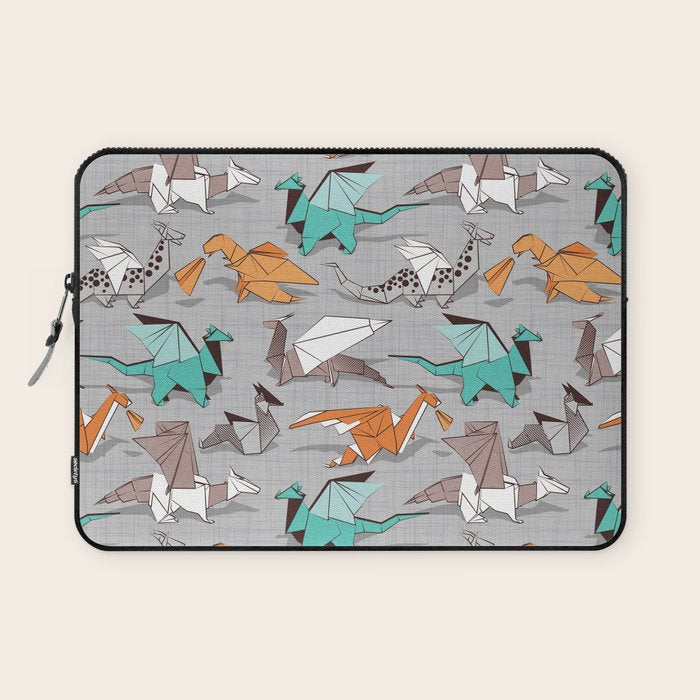 Origami dragon friends // grey linen texture background aqua orange grey and taupe fantastic creatures Laptop Sleeve Gallery Image 1