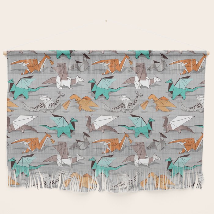 Origami dragon friends // grey linen texture background aqua orange grey and taupe fantastic creatures Wall Hanging Gallery Image 1