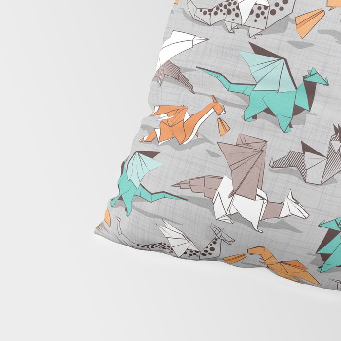 Origami dragon friends // grey linen texture background aqua orange grey and taupe fantastic creatures Pillow Sham Gallery Image 4