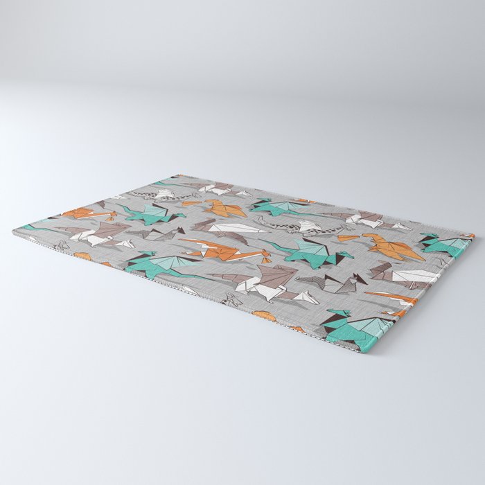Origami dragon friends // grey linen texture background aqua orange grey and taupe fantastic creatures Rug Gallery Image 3